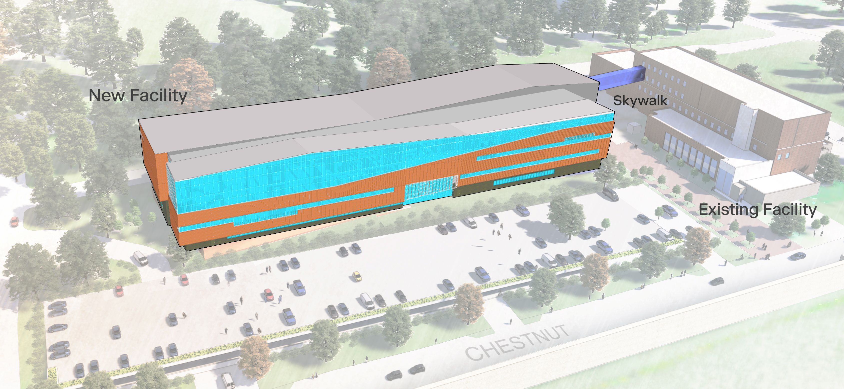 A graphic shows how the new laboratory connects to the existing laboratory through a skywalk.