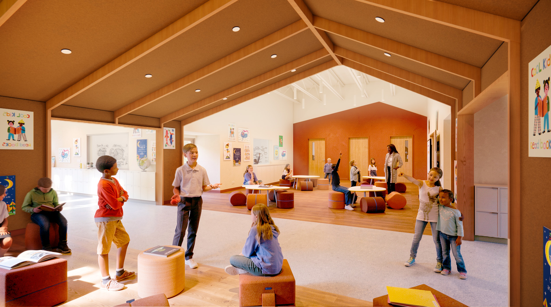 Students play in an indoor alcove made to look like the interior of a treehouse.