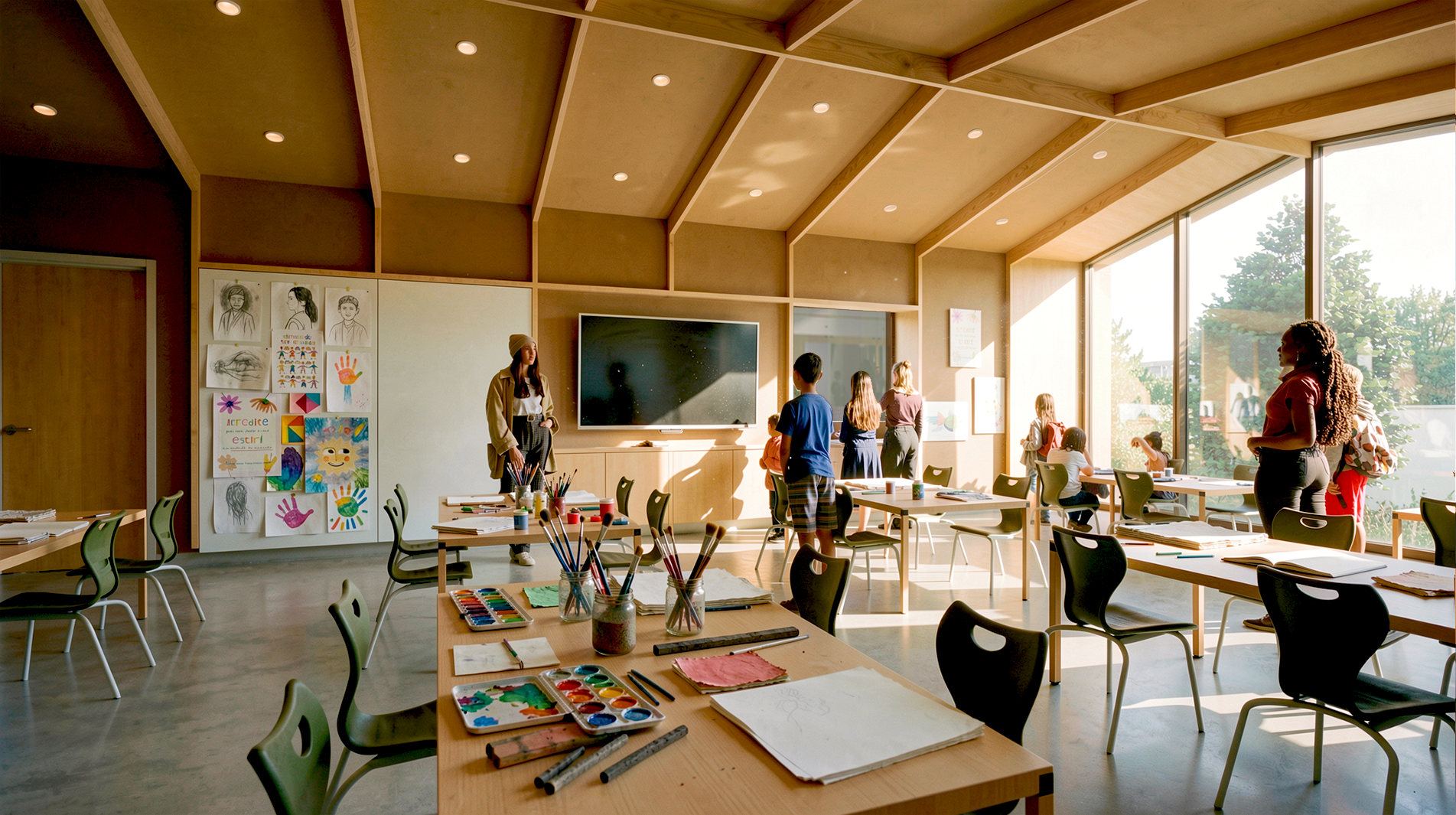 A teacher instructs students in an art room space.