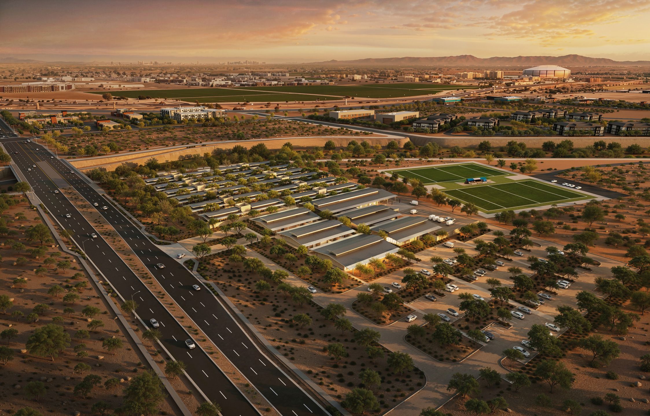 A render shows an aerial view of the new MCACC campus.