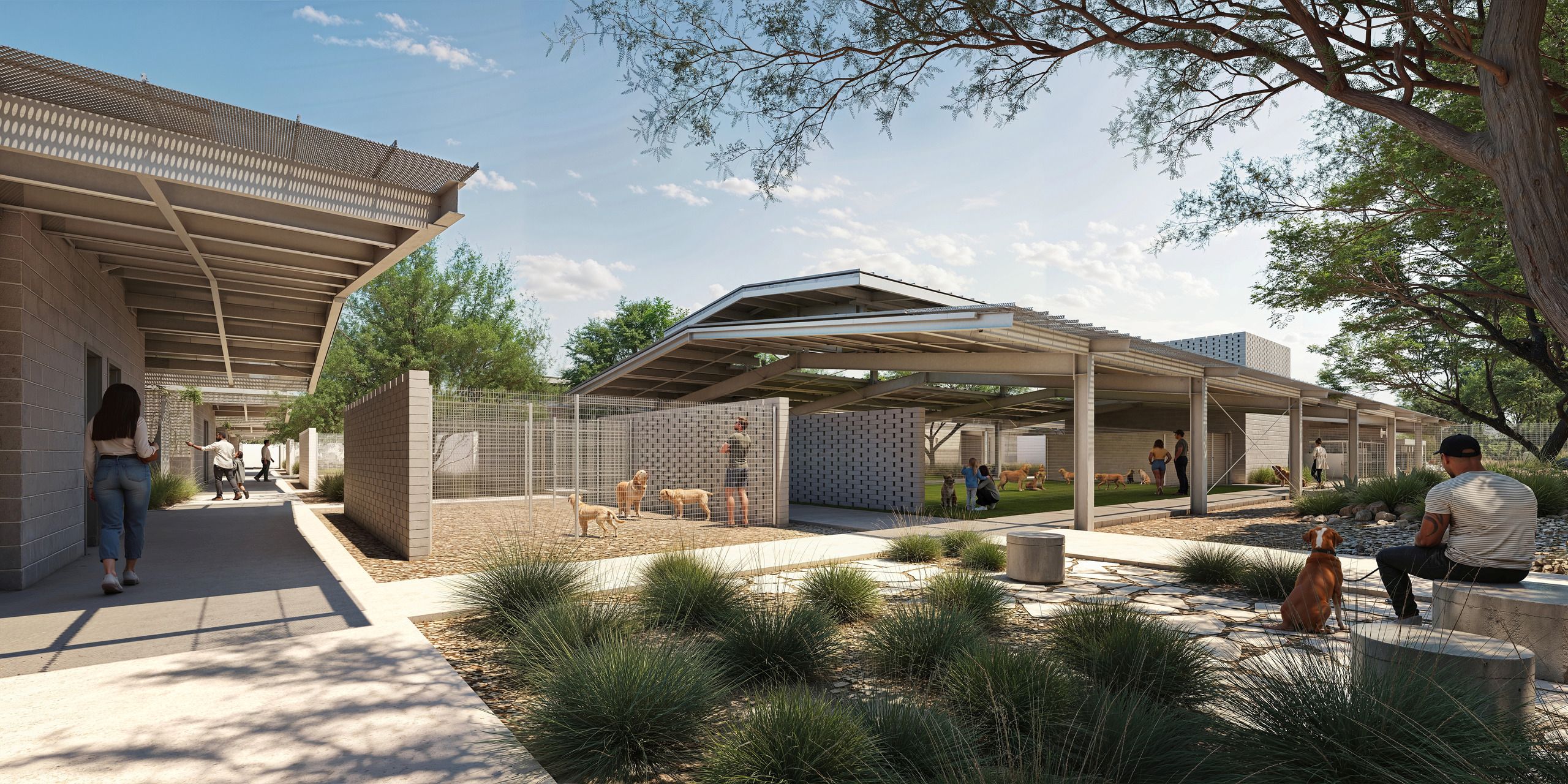 A render shows some outdoor spaces at the new MCACC facility.