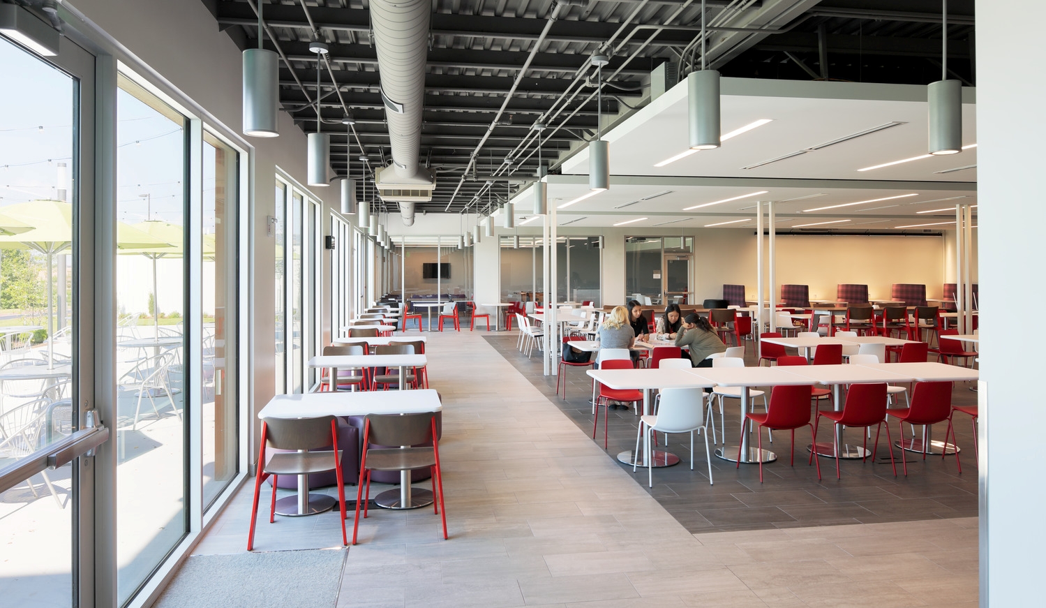 A cafetria space at KCU doubles as study tables. 