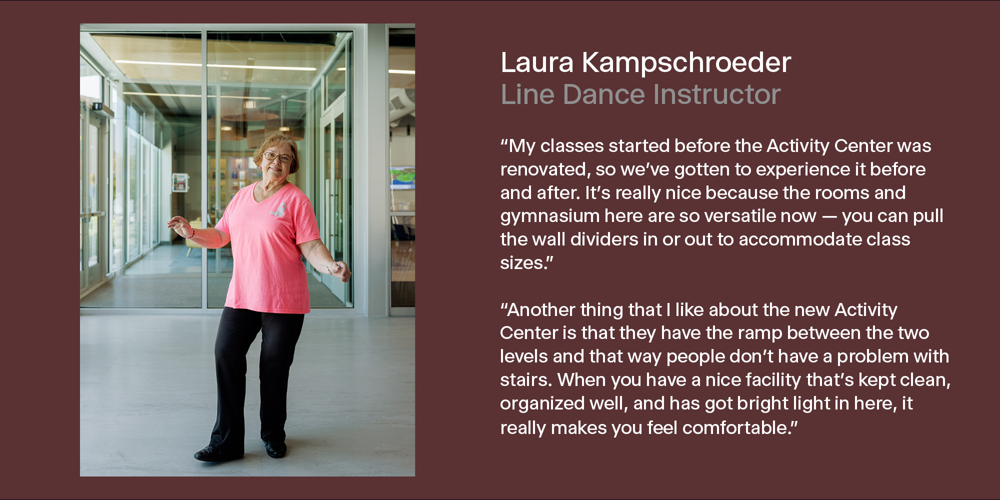 A portrait of a woman who teaches line dancing at Lenexa Old Town Activity Center.