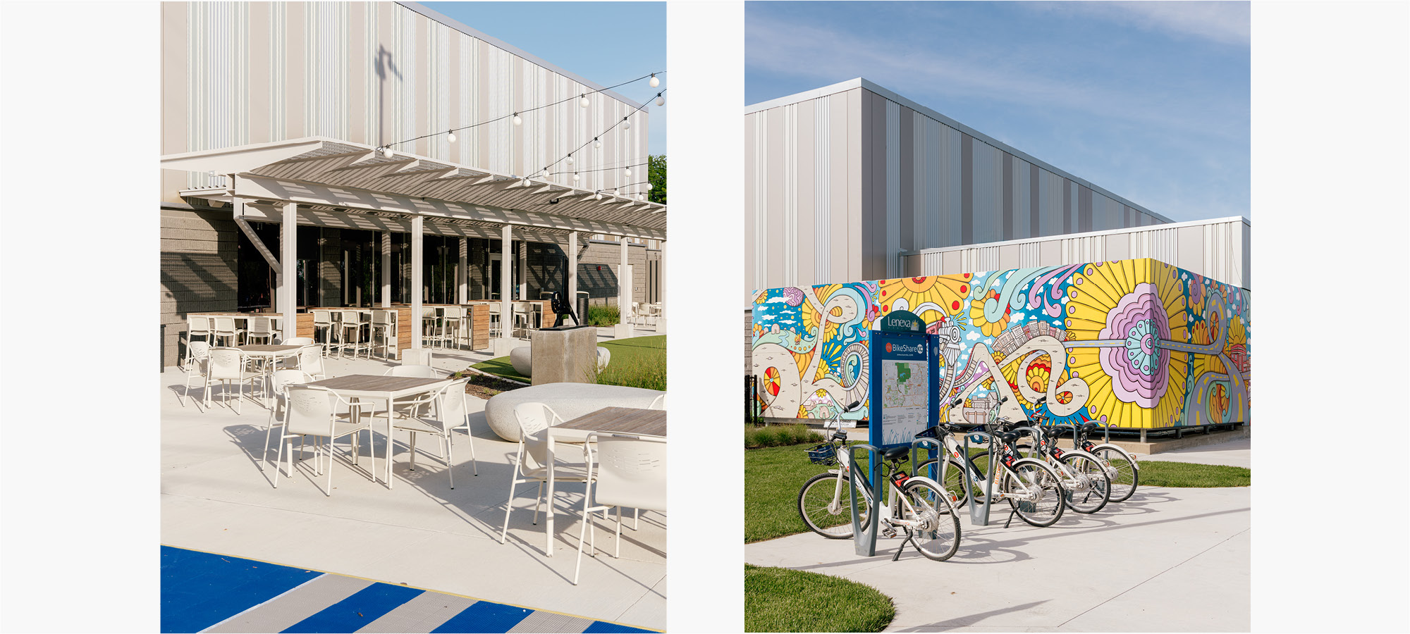 Two photos show the outdoor seating area and bike rentals at the Lenexa Old Town Activity Center.