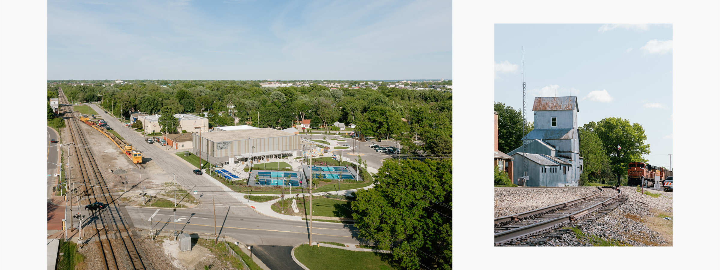 An aerial photo of Lenexa Old Town Activity Center shows the train tracks adjacent to the building.