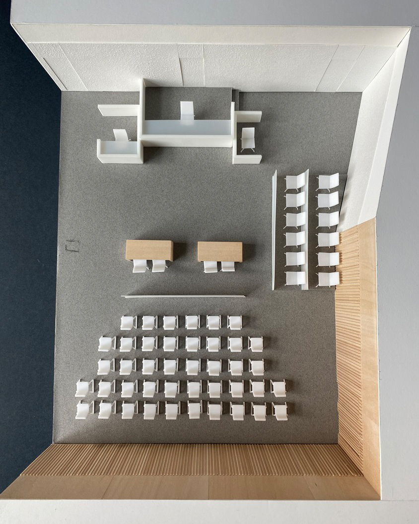 A paper and 3D printed model of the mock courtroom University of Arizona College of Law.