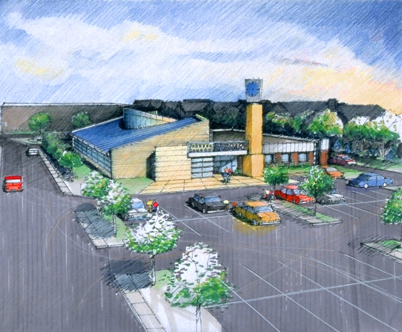 A watercolor sketch shows early concepts that Gould Evans designers were considering for the building design. 