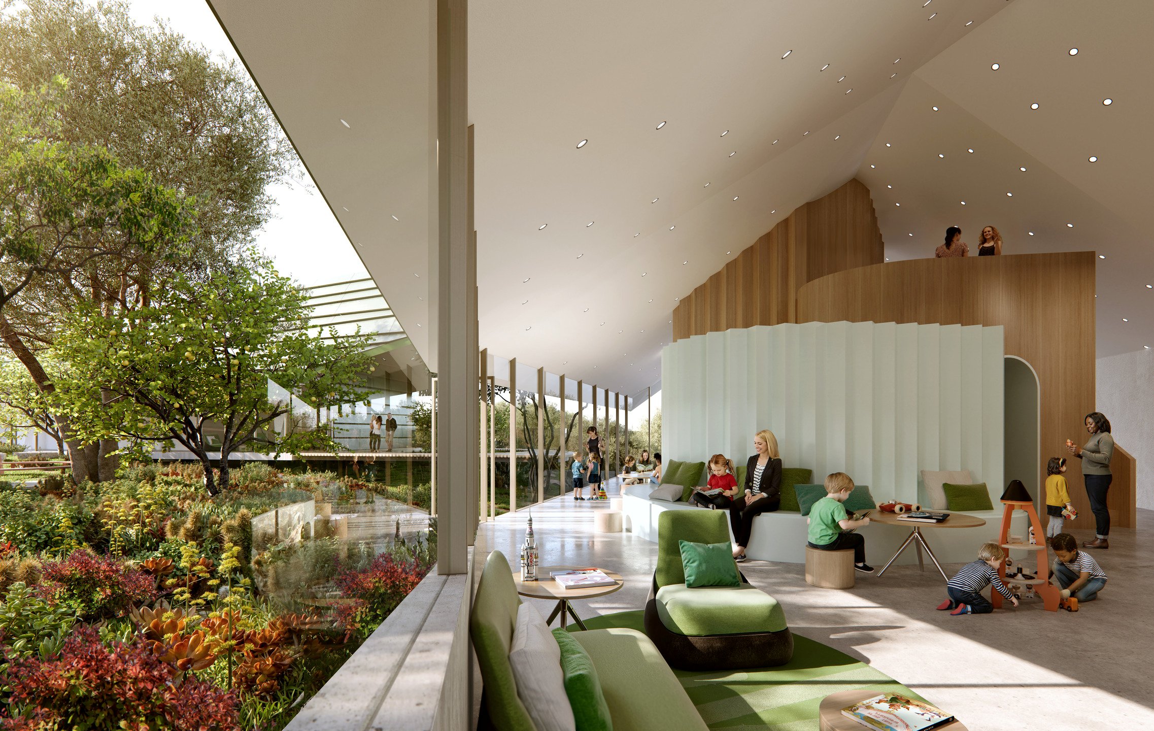 An open study space at the New Mexico Literacy Center provides seamless views to the exterior courtyard.