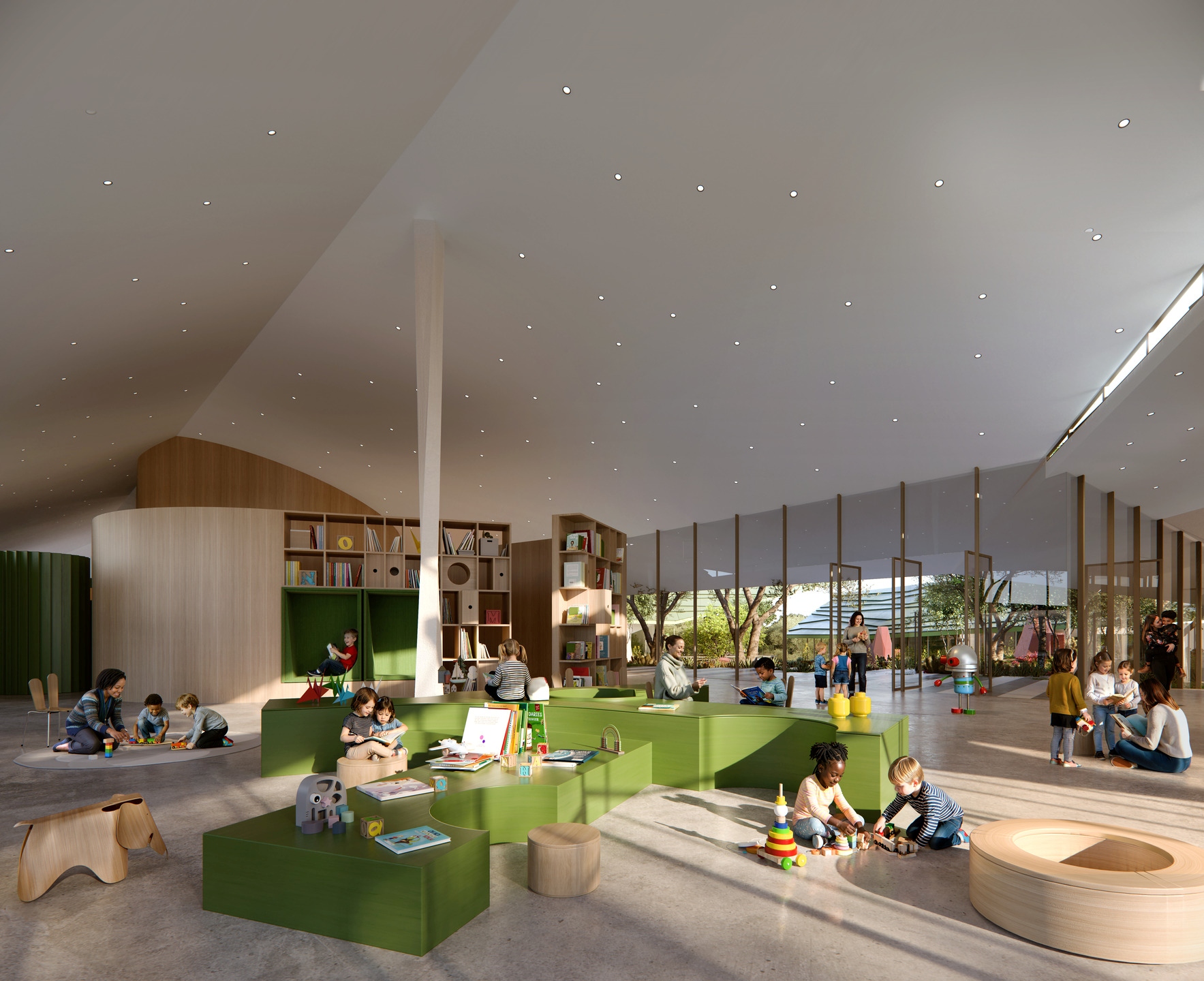 An open study space at the New Mexico Literacy Center features play spaces, learning nooks, and engagement opportunities.