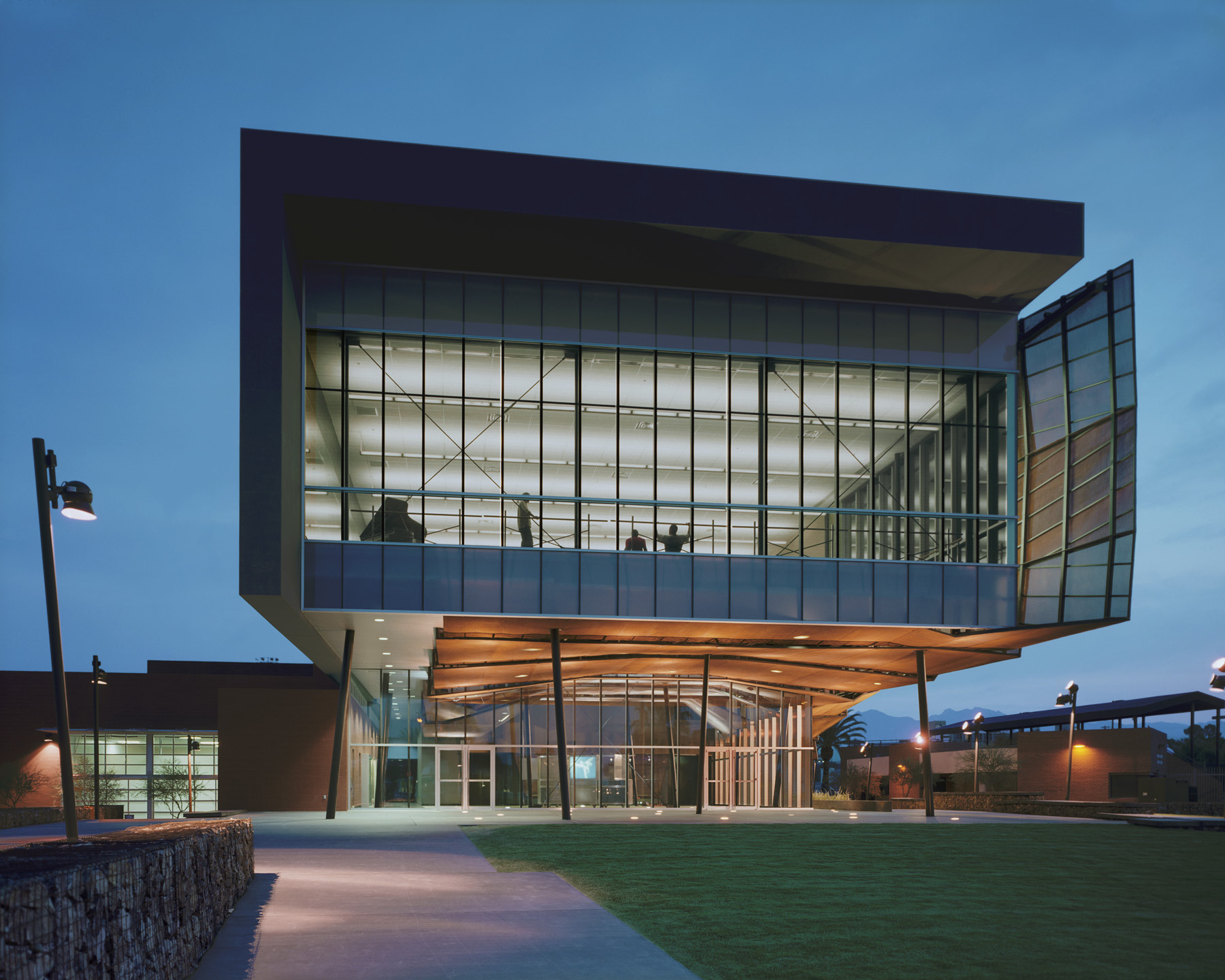 The Stevie Eller Dance Theatre features floor-to-ceiling windows on the second floor dance studio.
