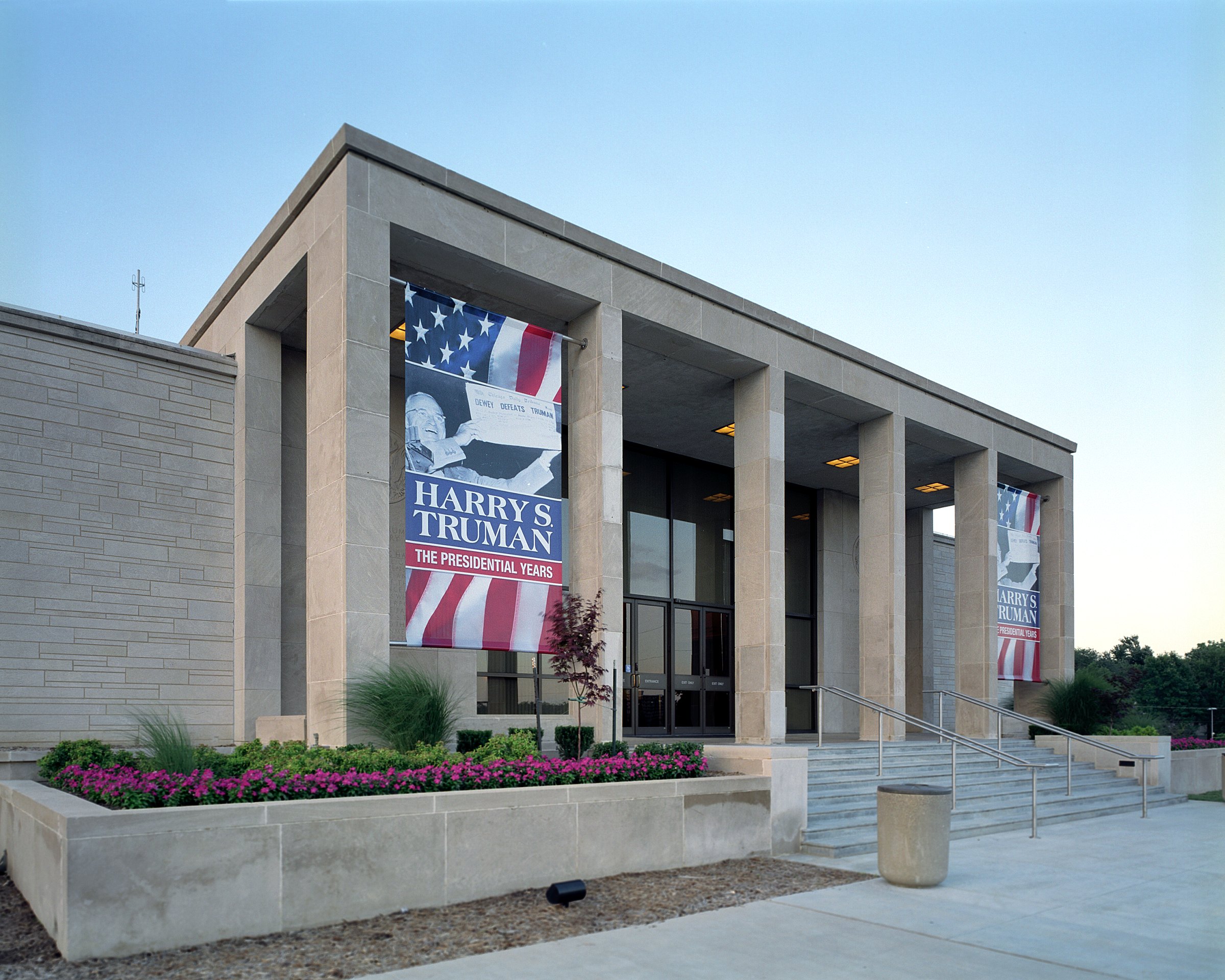 The Harry S. Truman Presidential Library & Museum features a columned entry. 