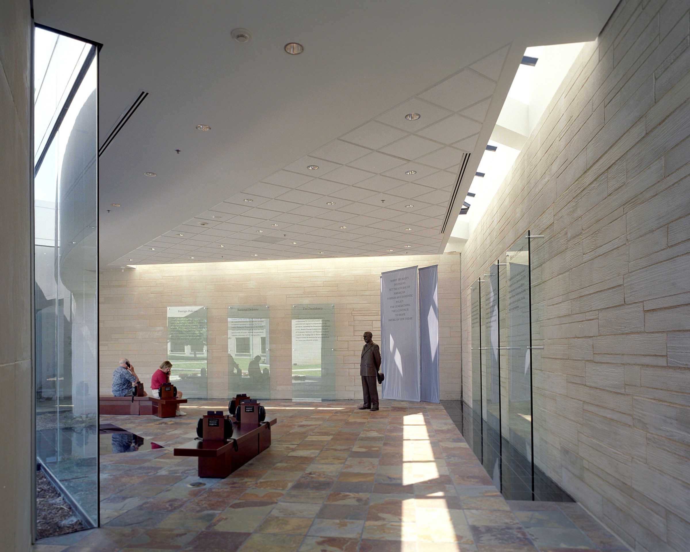 The glass and stone Legacy Gallery serves as a contemplative space where visitors can reflect on Truman’s impact. 