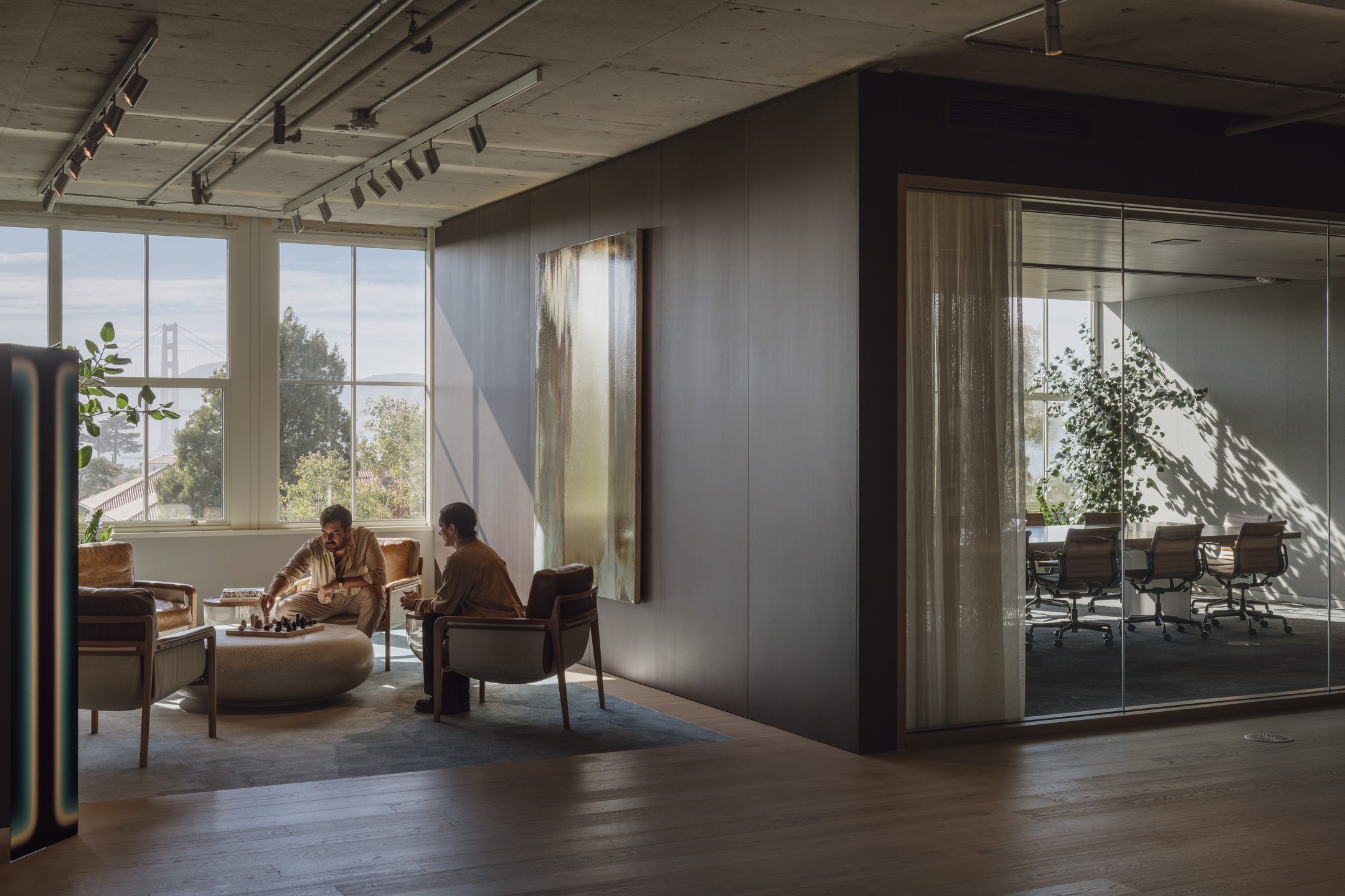 A confidential corporate headquarters blends professional office building amenities with a relaxed Northern California vibe.