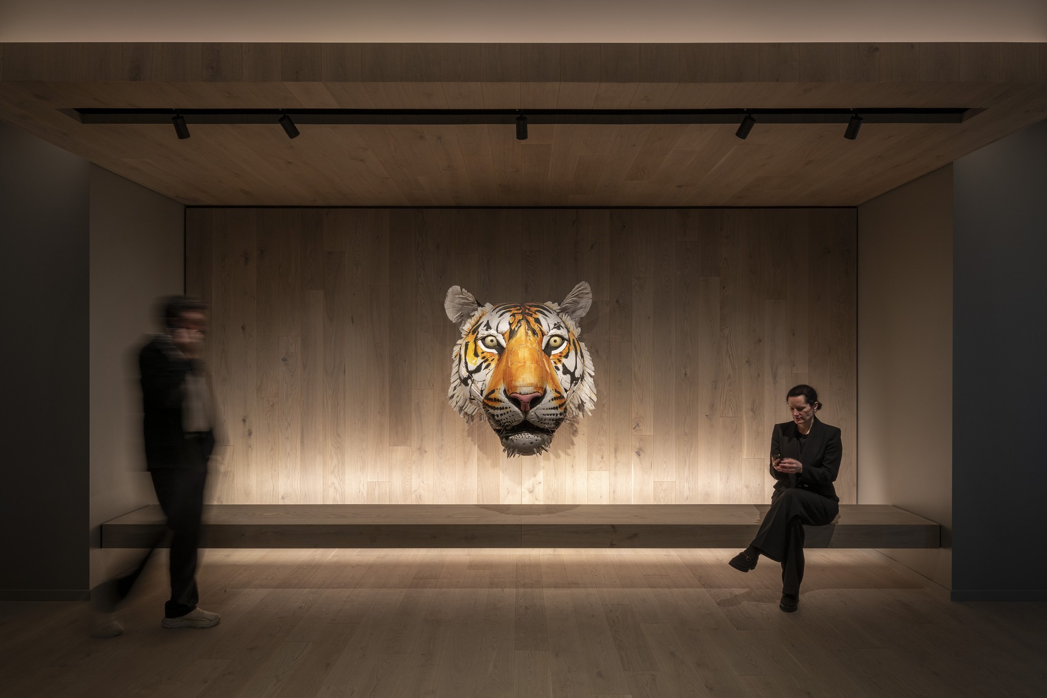 Quirky art at a confidential corporate headquarters blends professional office building amenities with a relaxed Northern California vibe.