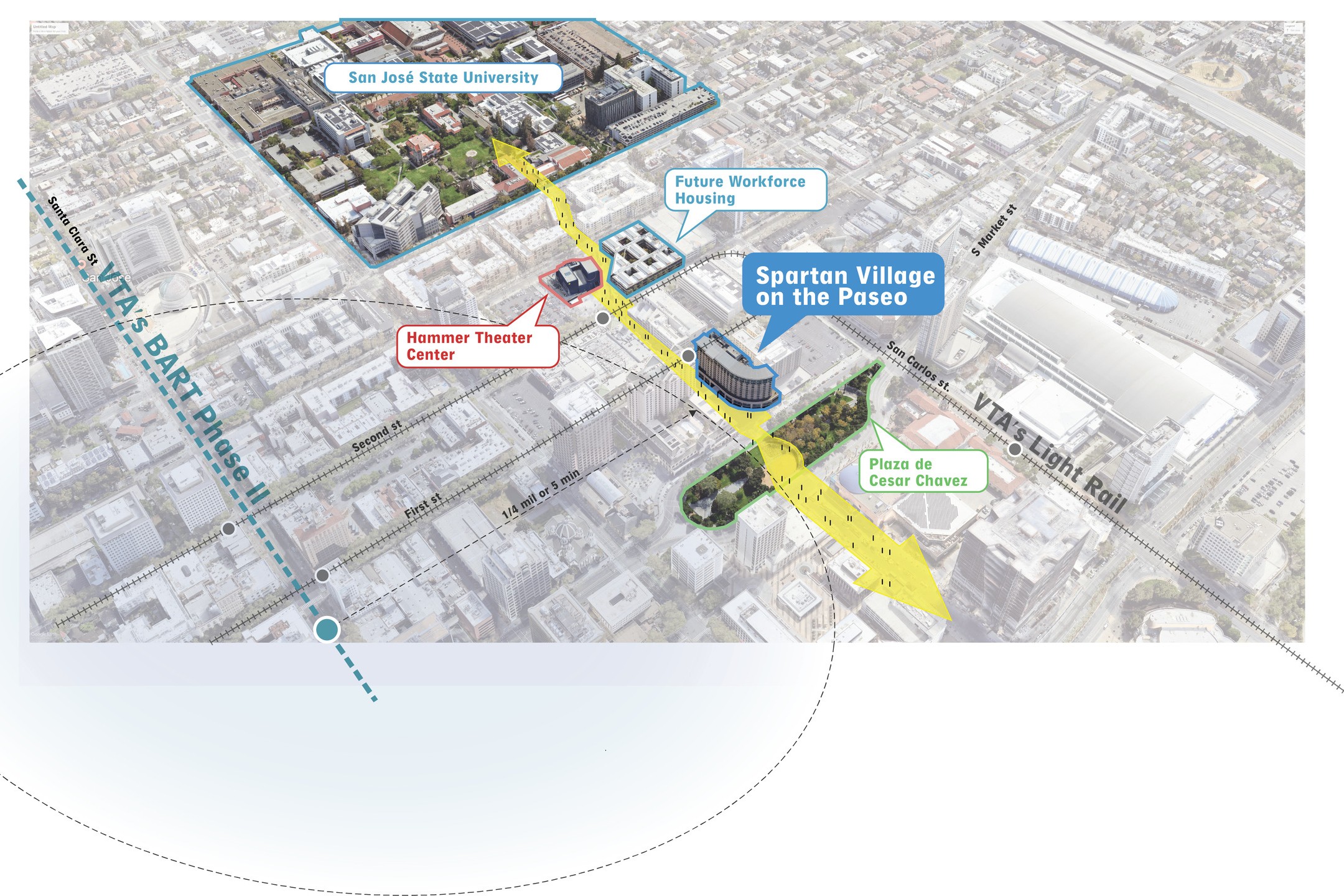 An aerial map shows where the new SJSU housing is located in relation to the full San Jose State University campus. 