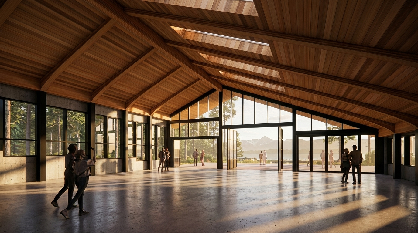 A conceptual rendering shows the interior of a visitor center at a National Park, designed to be in conversation with the surrounding environment.