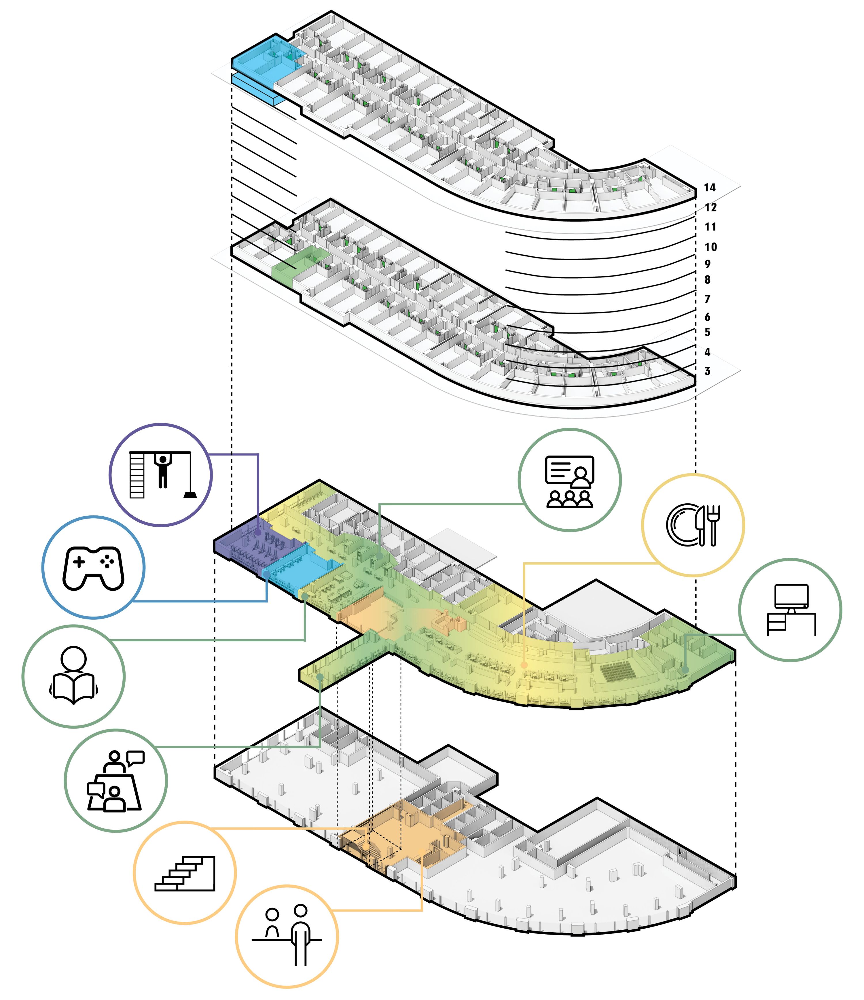 A graphic shows the cross section and program of the new SJSU student housing. 