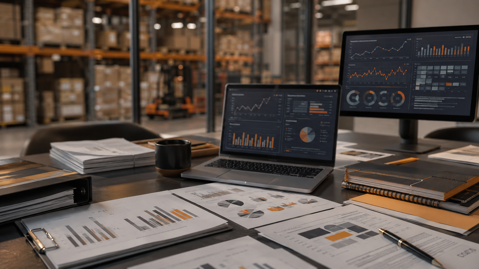 Escritório de logística com notebook e monitor exibindo dashboards de análise de dados e gráficos de desempenho, com armazém ao fundo.