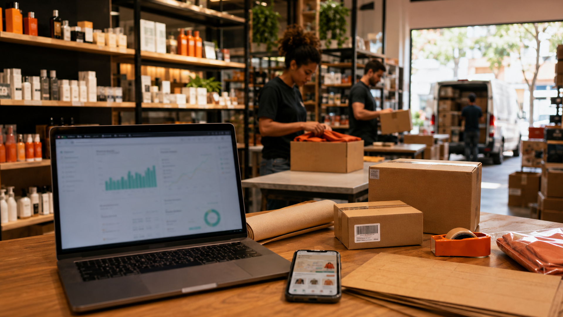Foto editorial realista de uma operação de e-commerce e varejo em ambiente híbrido de loja, estoque e expedição. Em primeiro plano, há uma mesa de madeira com notebook exibindo gráficos desfocados, smartphone com tela de pedidos, caixas de envio, etiquetas com código de barras, embalagens, fita adesiva laranja e produtos embalados. Ao fundo, funcionários preparam pedidos entre prateleiras de produtos, enquanto uma van de entrega aberta sugere logística, despacho e distribuição. A composição transmite operação comercial em tempo real, gestão de pedidos, marketplace, estoque, campanhas promocionais e fluxo contínuo de vendas, com estética limpa, profissional e tons quentes com destaque para o laranja.