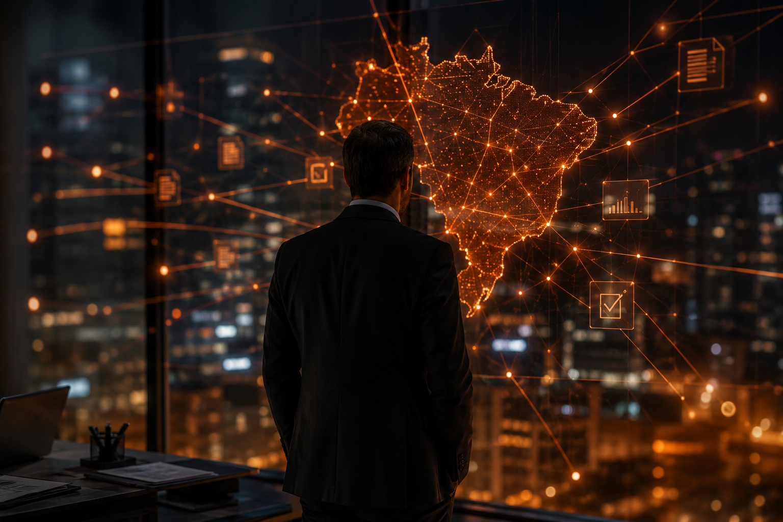 Fotografia editorial ultra-realista de um moderno centro de operações corporativas brasileiro. Em primeiro plano, uma mesa de reunião elegante com telas exibindo dashboards discretos e documentos digitais. Ao fundo, através de uma parede de vidro, é possível ver uma grande rede de conexões luminosas em laranja atravessando o ambiente, conectando diferentes núcleos empresariais.