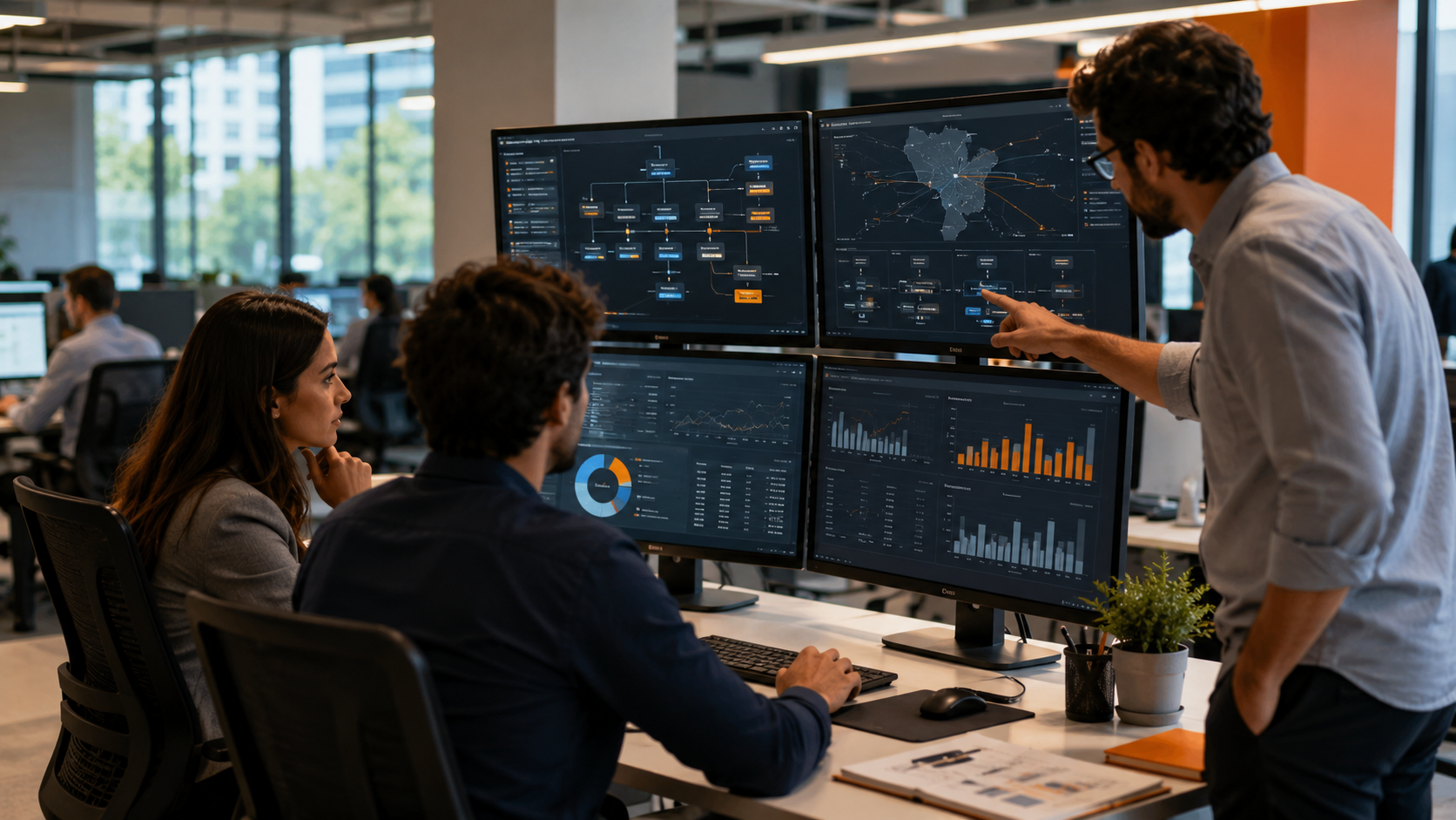 Fotografia hiper-realista de um centro de operações corporativo moderno de uma grande empresa brasileira de varejo. Em primeiro plano, analistas fiscal, financeiro e tecnologia trabalham de forma integrada diante de grandes monitores exibindo dashboards, documentos fiscais eletrônicos, fluxos de dados, XMLs e indicadores financeiros, todos desfocados ou ilegíveis, sem qualquer texto reconhecível. Ao fundo, um ambiente amplo e sofisticado, com arquitetura contemporânea, iluminação natural abundante e atmosfera executiva.