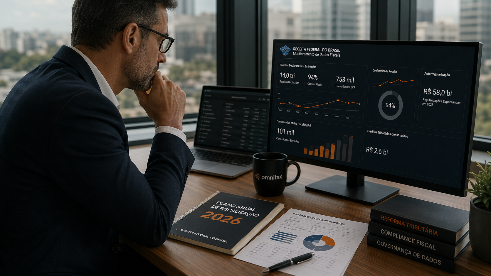 Um executivo brasileiro em um ambiente corporativo premium observa atentamente um grande painel de dados projetado em uma sala de operações moderna, onde múltiplos fluxos de informações fiscais, documentos eletrônicos (XML), indicadores de conformidade e conexões entre sistemas representam a nova realidade da fiscalização baseada em dados. O ambiente transmite inteligência, análise e tomada de decisão estratégica, com profundidade de campo cinematográfica, iluminação natural entrando pelas janelas e uma paleta sofisticada em tons de grafite, branco e detalhes sutis em laranja.