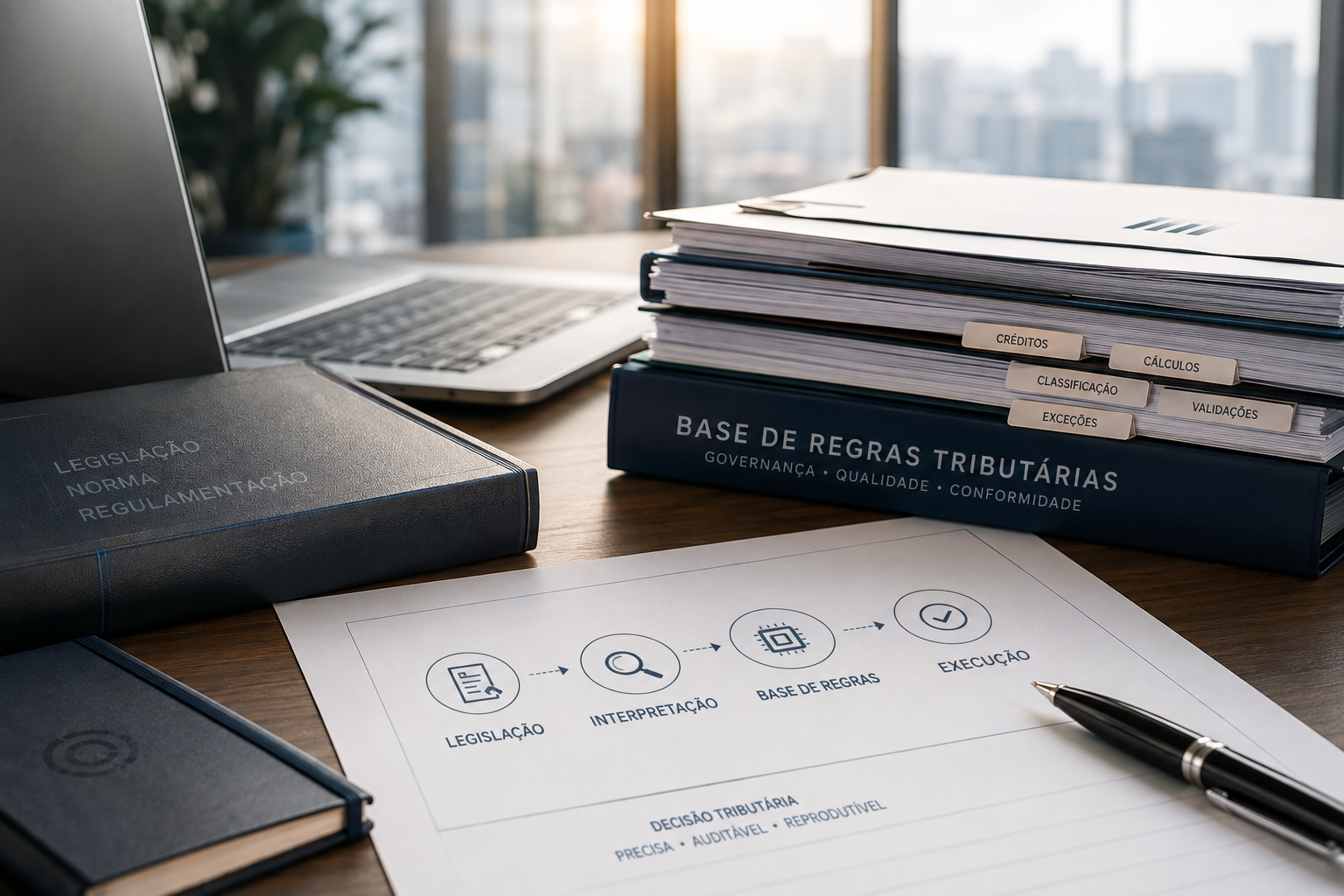 Mesa de trabalho corporativa com notebook, documentos e materiais tributários, destacando visualmente o fluxo entre legislação.