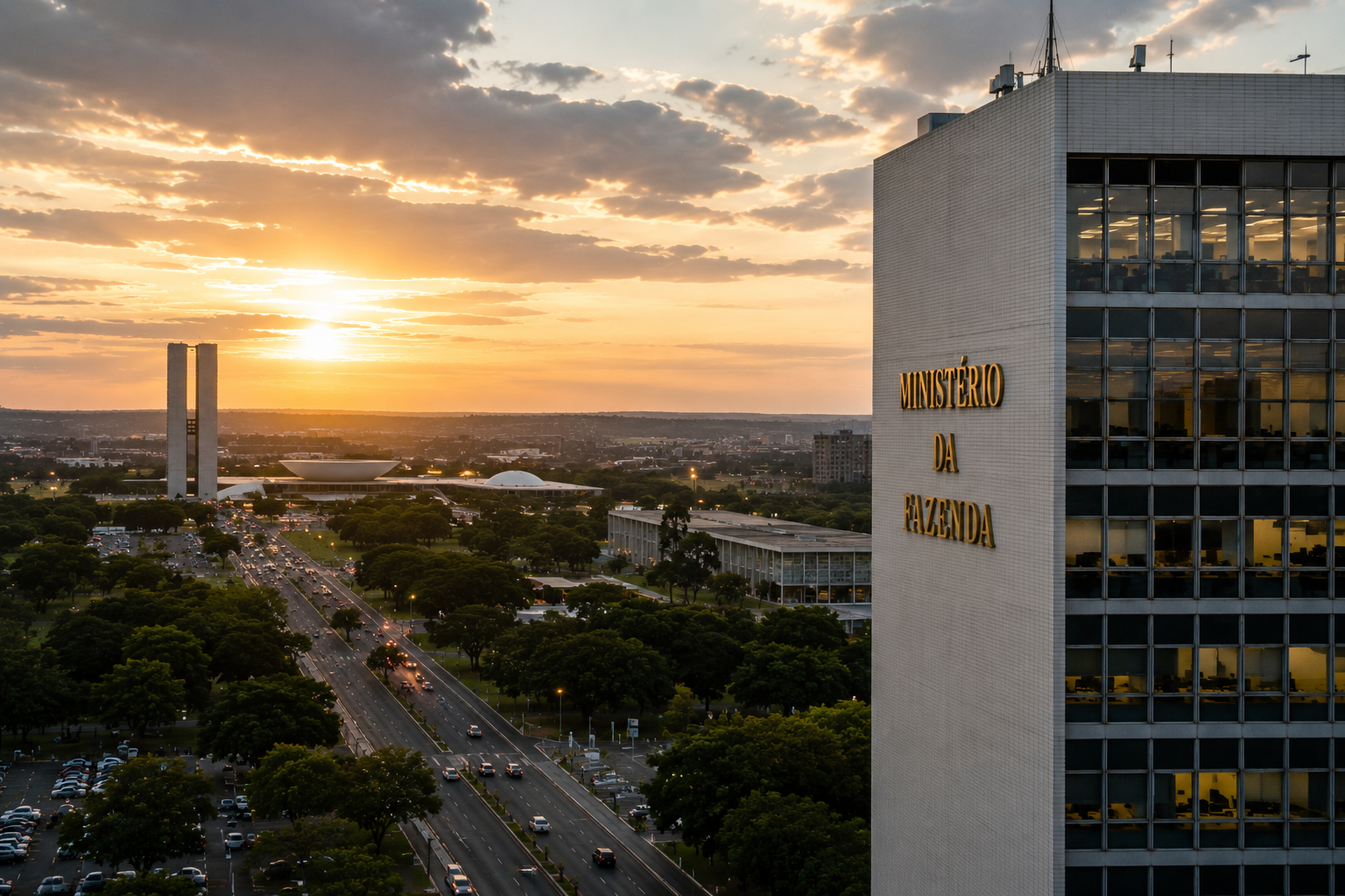 Vista aérea de Brasília ao pôr do sol, com o edifício do Ministério da Fazenda em primeiro plano à direita e o Congresso Nacional ao fundo, conectado pelo eixo urbano da Esplanada dos Ministérios.
