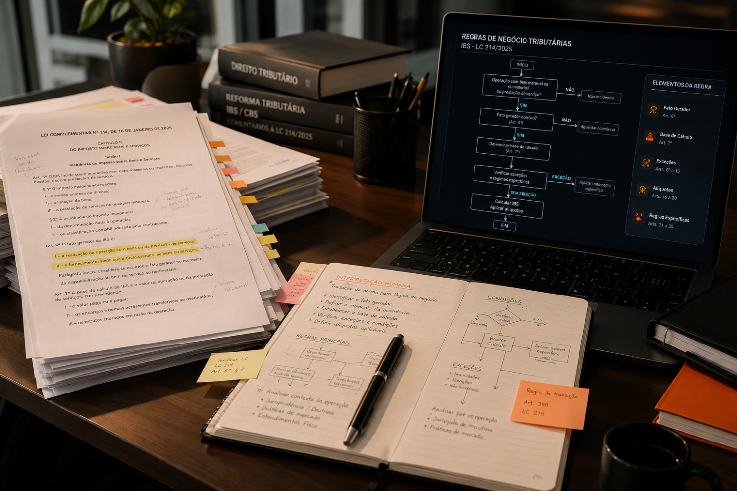 Mesa de escritório com papéis sobre a Reforma Tributária com computador e planilhas