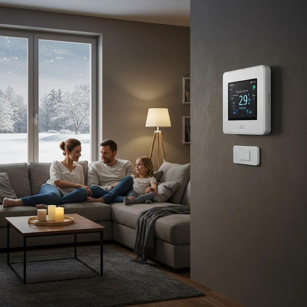 Comfortable living room with a smart thermostat, showcasing energy efficiency and family well-being