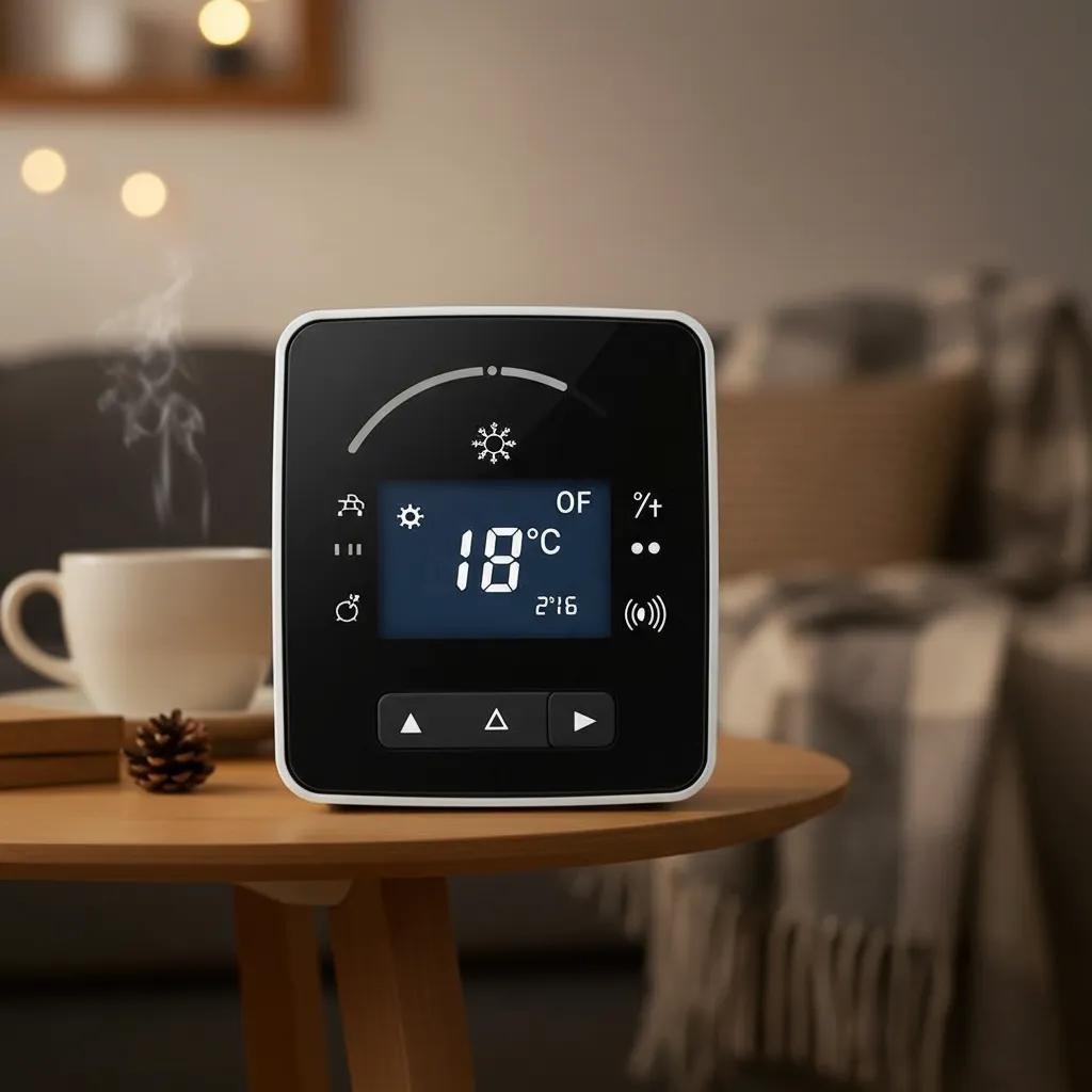 Digital thermostat displaying a winter setting, surrounded by a cozy home scene with a warm drink and blanket