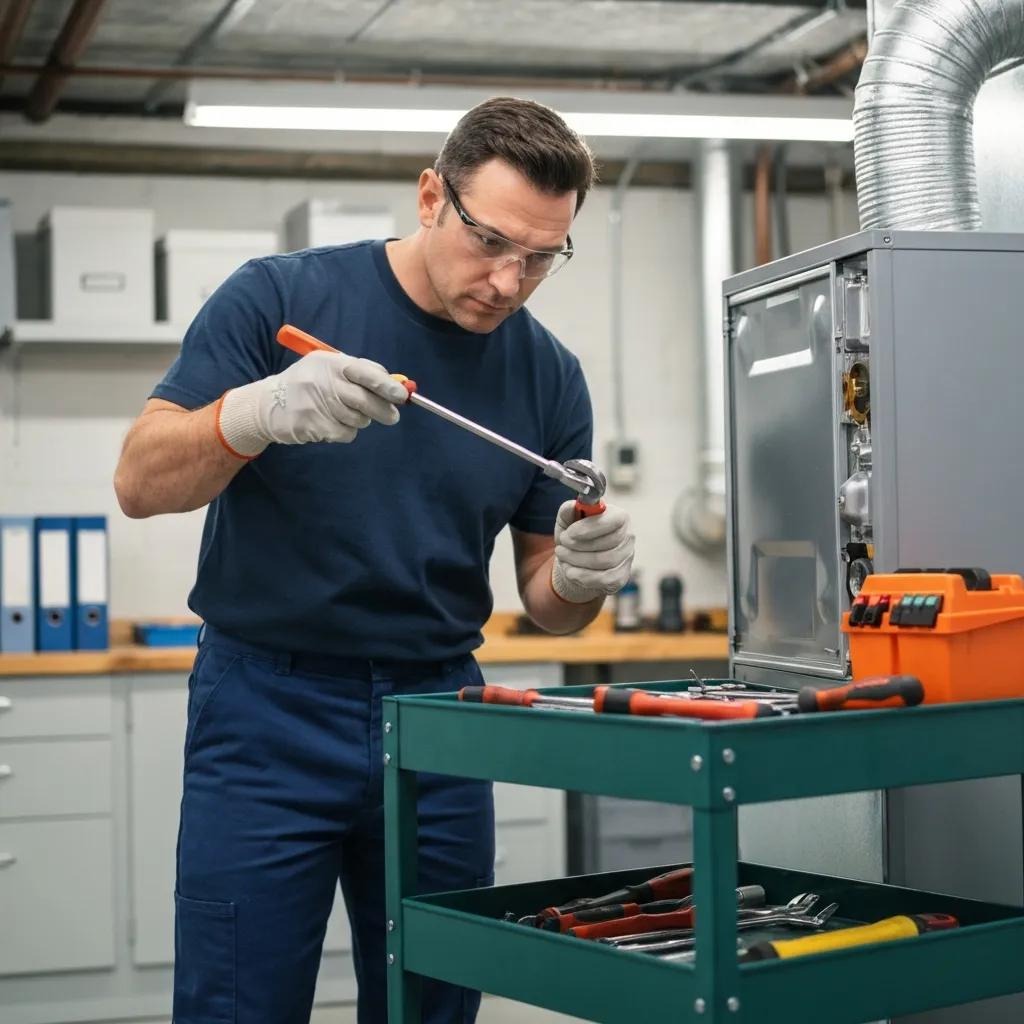 Technician conducting a furnace tune-up with tools in a well-lit utility room