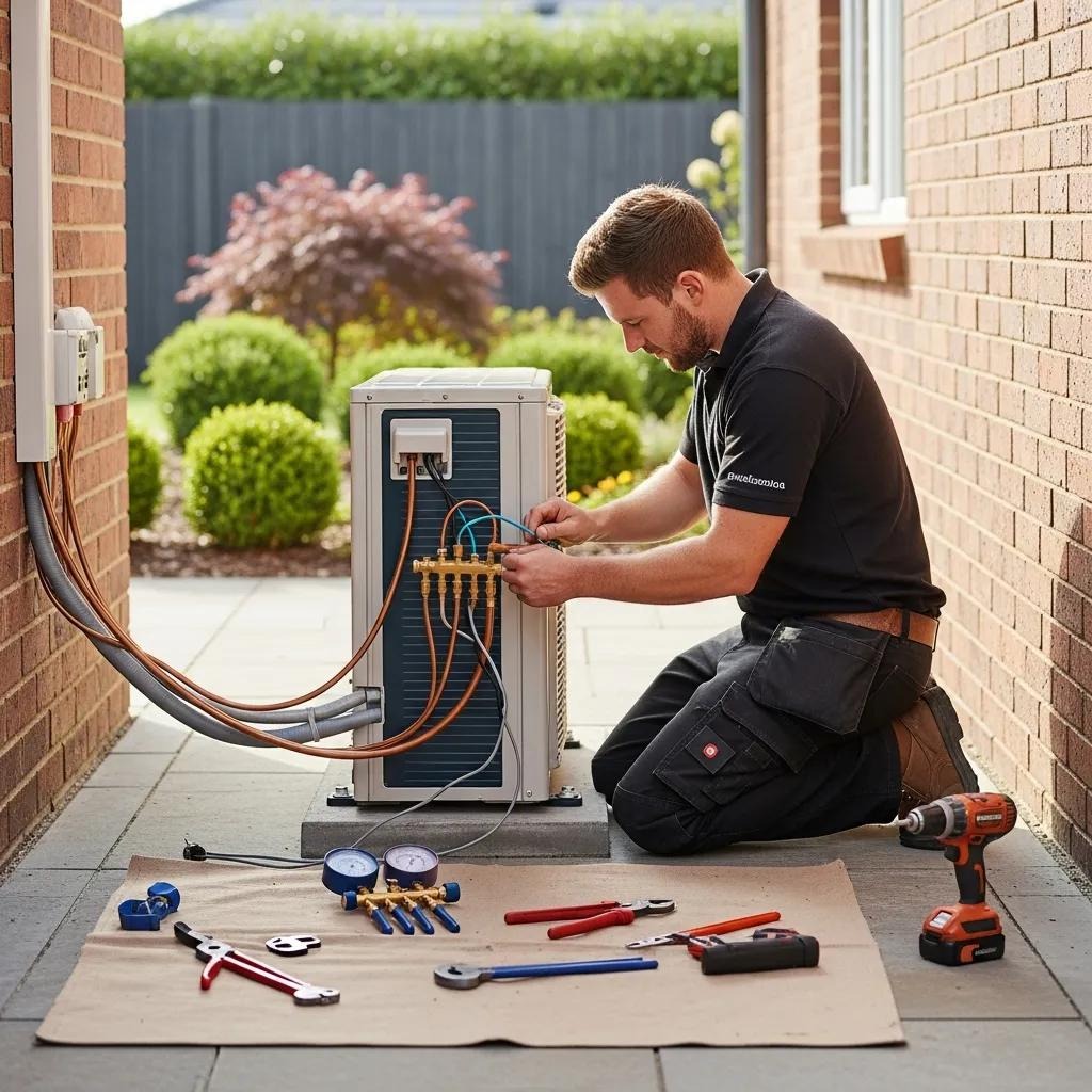 Technician installing a heat pump in a home — professional installation steps