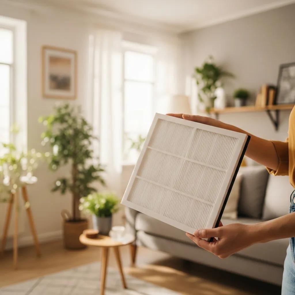 Clean HVAC air filter in a bright home setting emphasizing indoor air quality