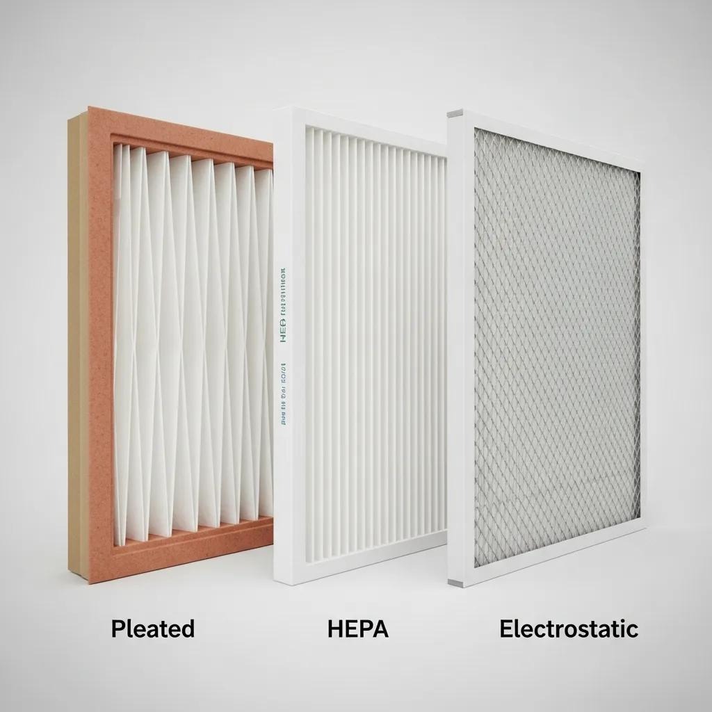 Comparison of HVAC air filters showcasing pleated, HEPA, and electrostatic types