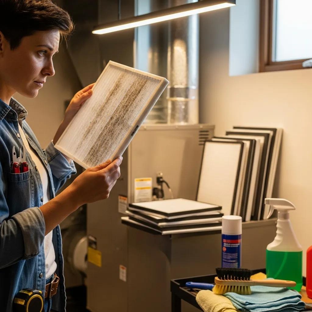 Person inspecting HVAC air filter for maintenance in a home environment