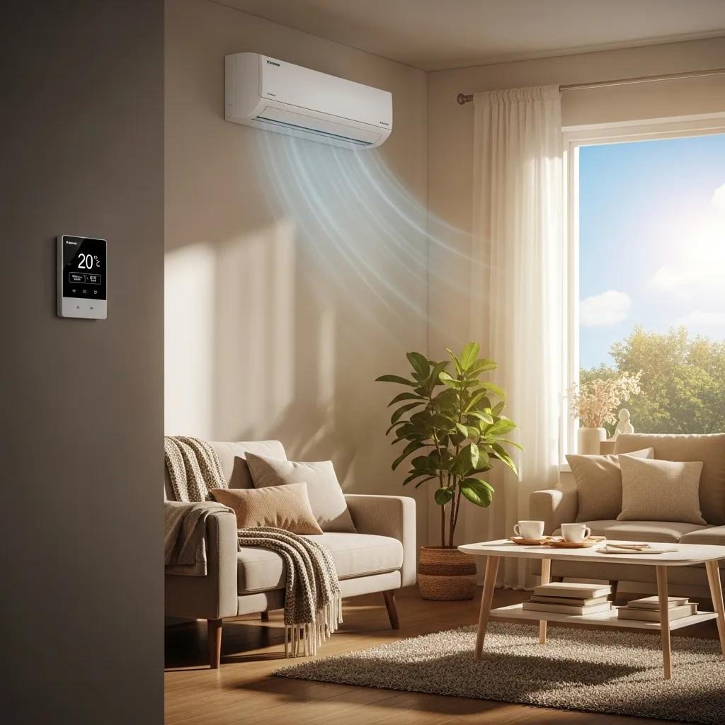 Modern Daikin HVAC system in a cozy living room, highlighting comfort and efficiency