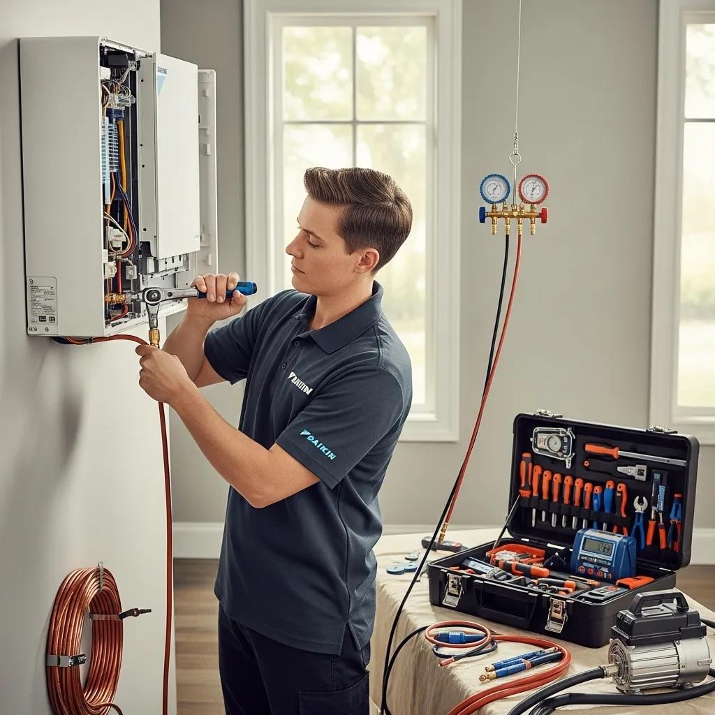 Technician installing a Daikin HVAC system, showcasing expert installation services
