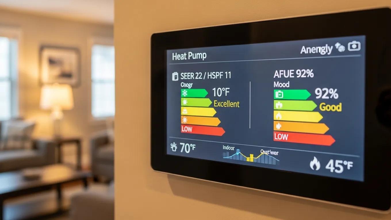 Digital display of energy efficiency ratings for heat pump and furnace in a home environment