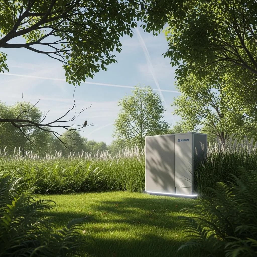 Heat pump in a green landscape, highlighting its eco-friendly benefits and environmental impact