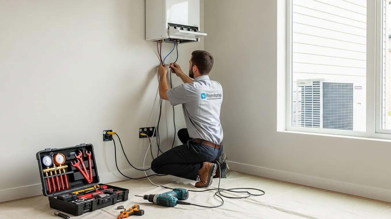 Technician installing a ductless mini-split system, showcasing professional installation process
