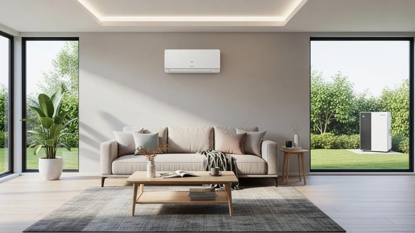 Ductless mini-split system in a modern living room emphasizing energy efficiency and comfort