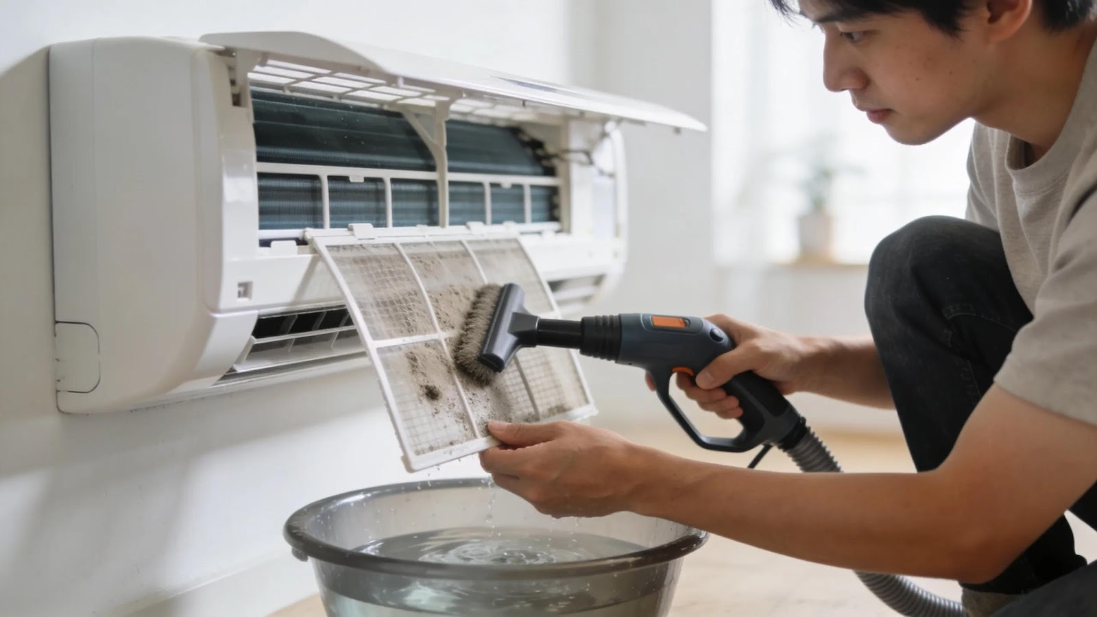 Person cleaning a ductless mini-split system filter, ensuring optimal air quality and efficiency