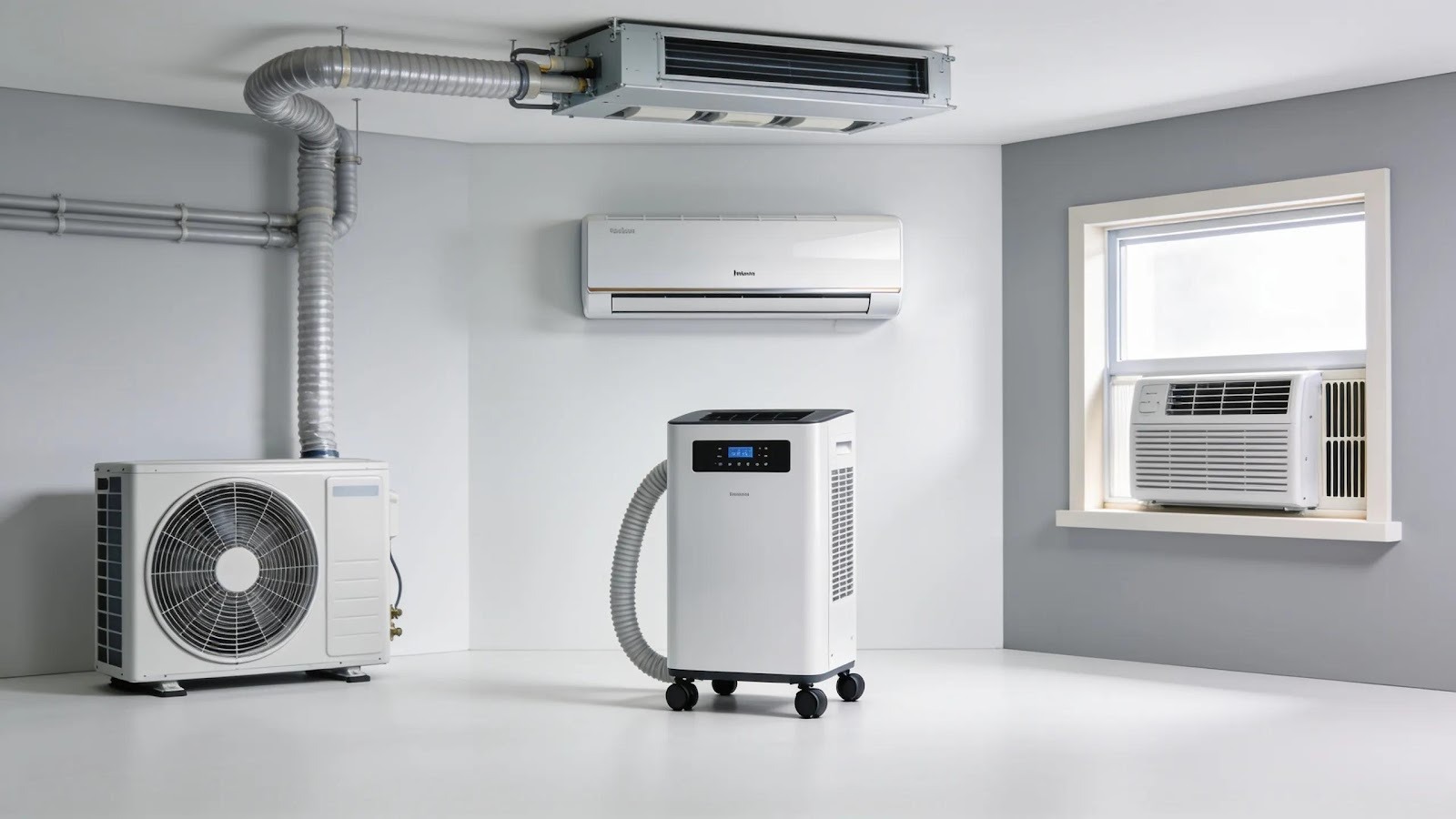 Different types of air conditioning units showcasing various cooling solutions available for homes