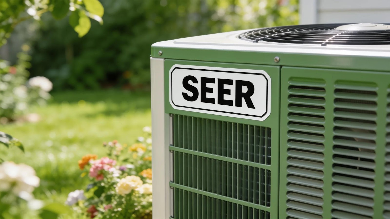 Close-up of an air conditioning unit emphasizing energy efficiency ratings, connected to sustainable cooling choices