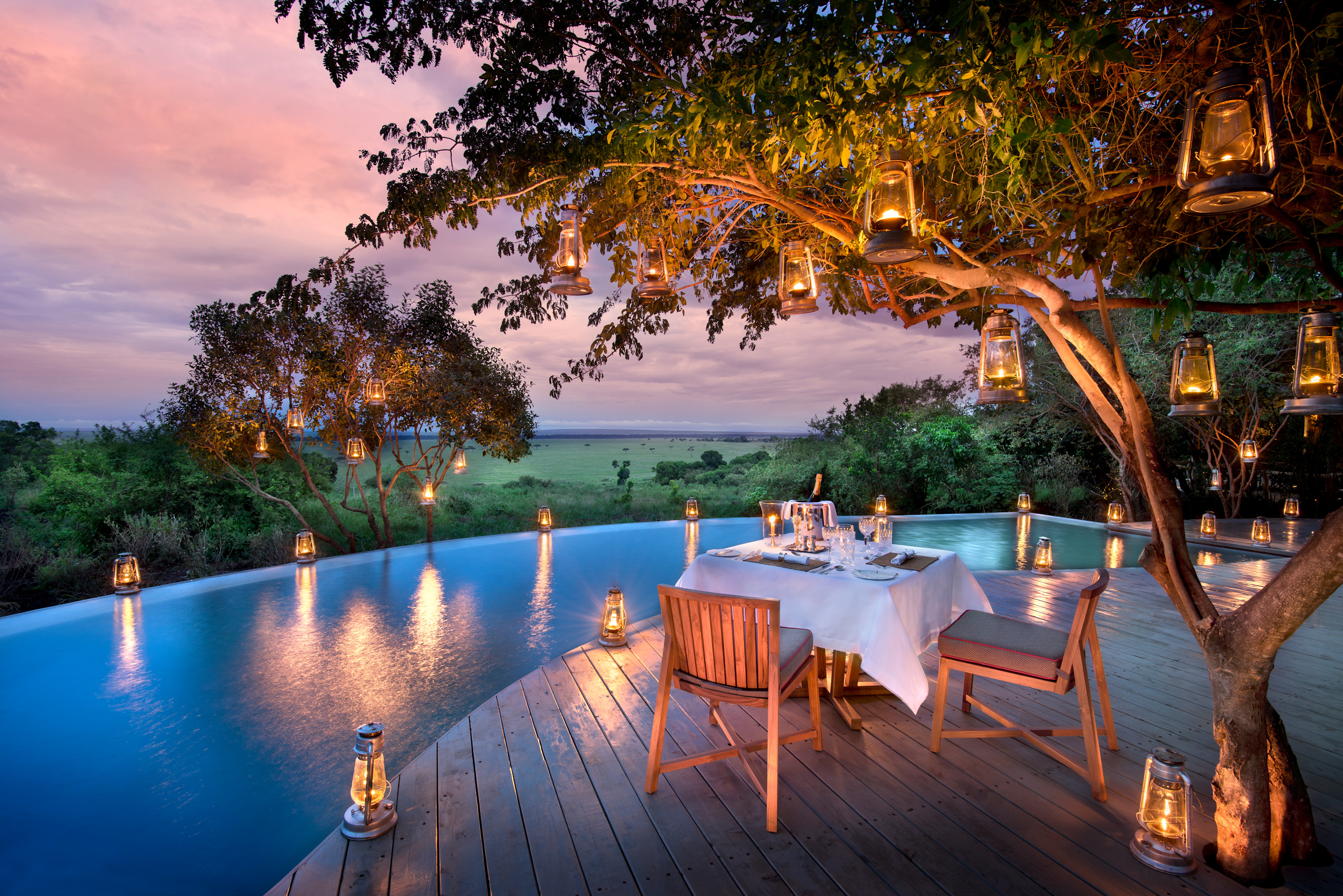 Dusk at a luxury safari lodge in Kenya