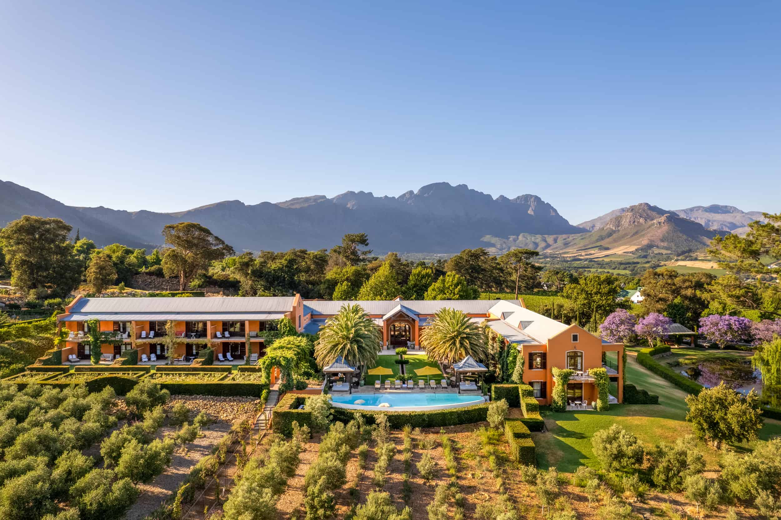 An aerial shot of La Residence in the Franschoek Valley