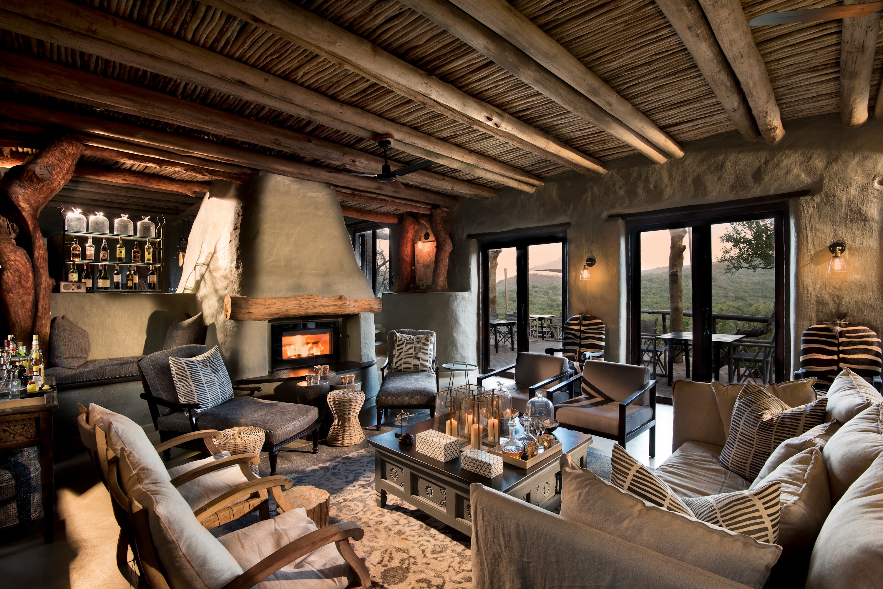 The classical indoor lounge at Phinda Rock Lodge in Hluhluwe, South Africa