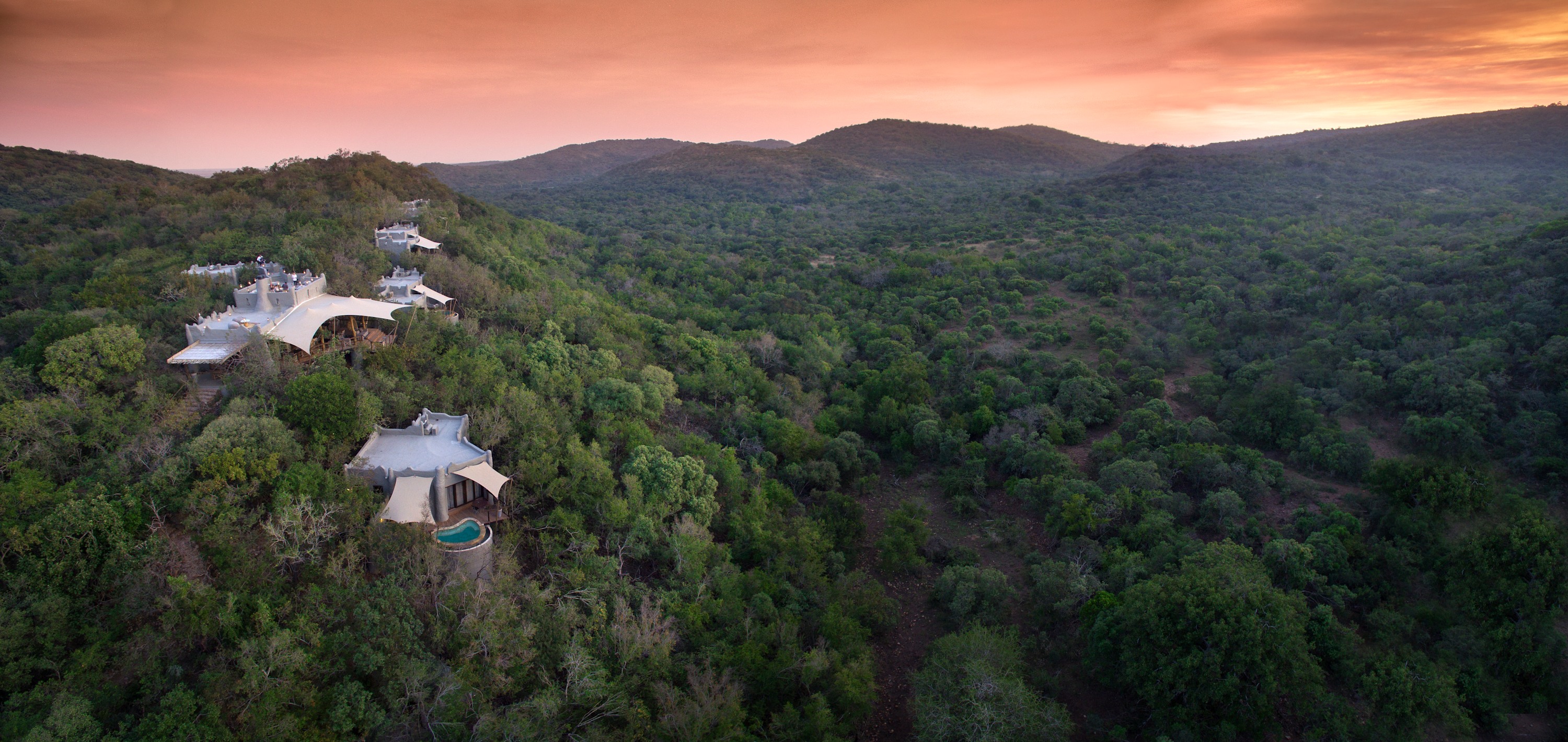 An aerial shot of Phinda Rock Lodge and the African landscape