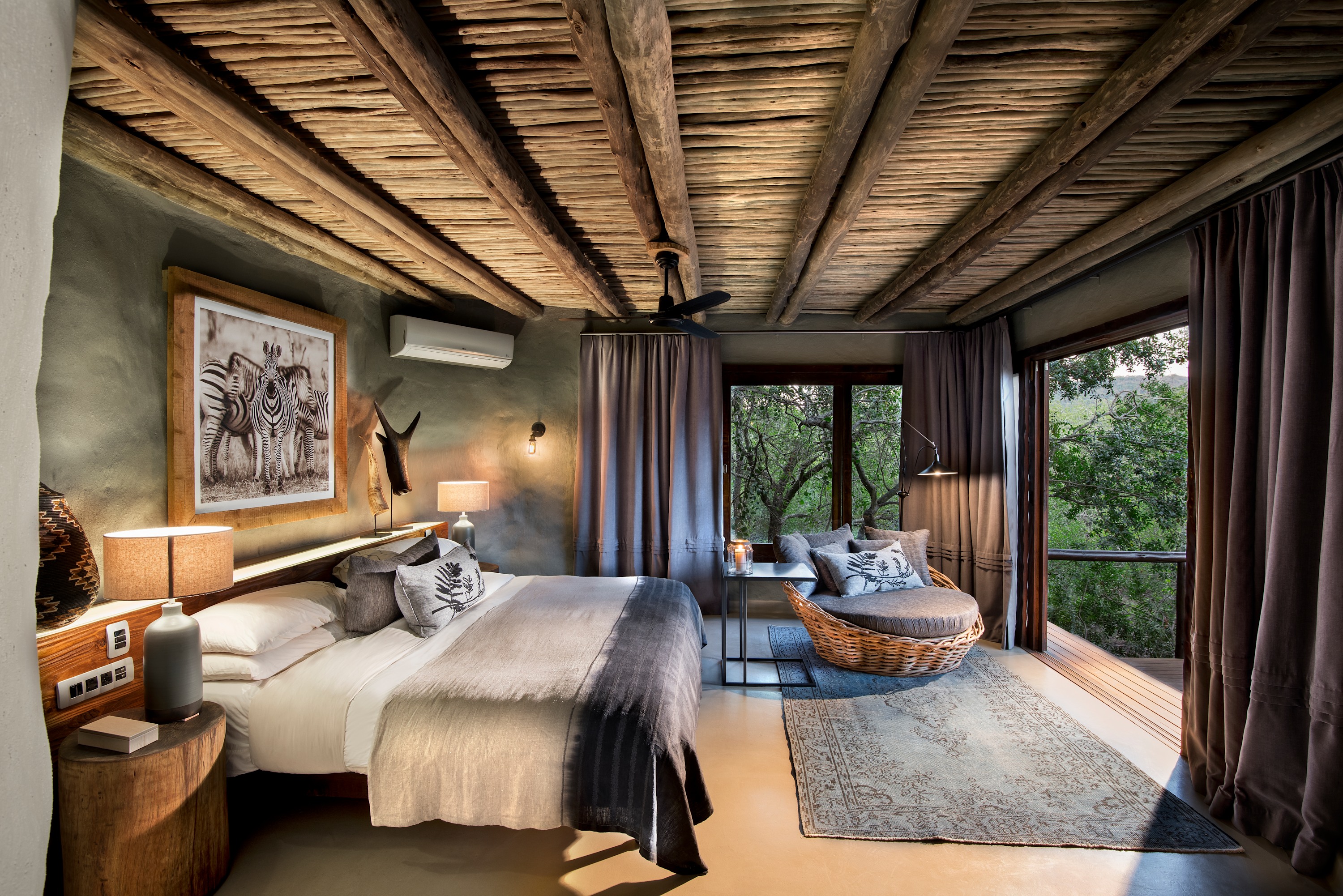 A luxury safari bedroom at Phinda Rock Lodge in Hluhluwe, South Africa